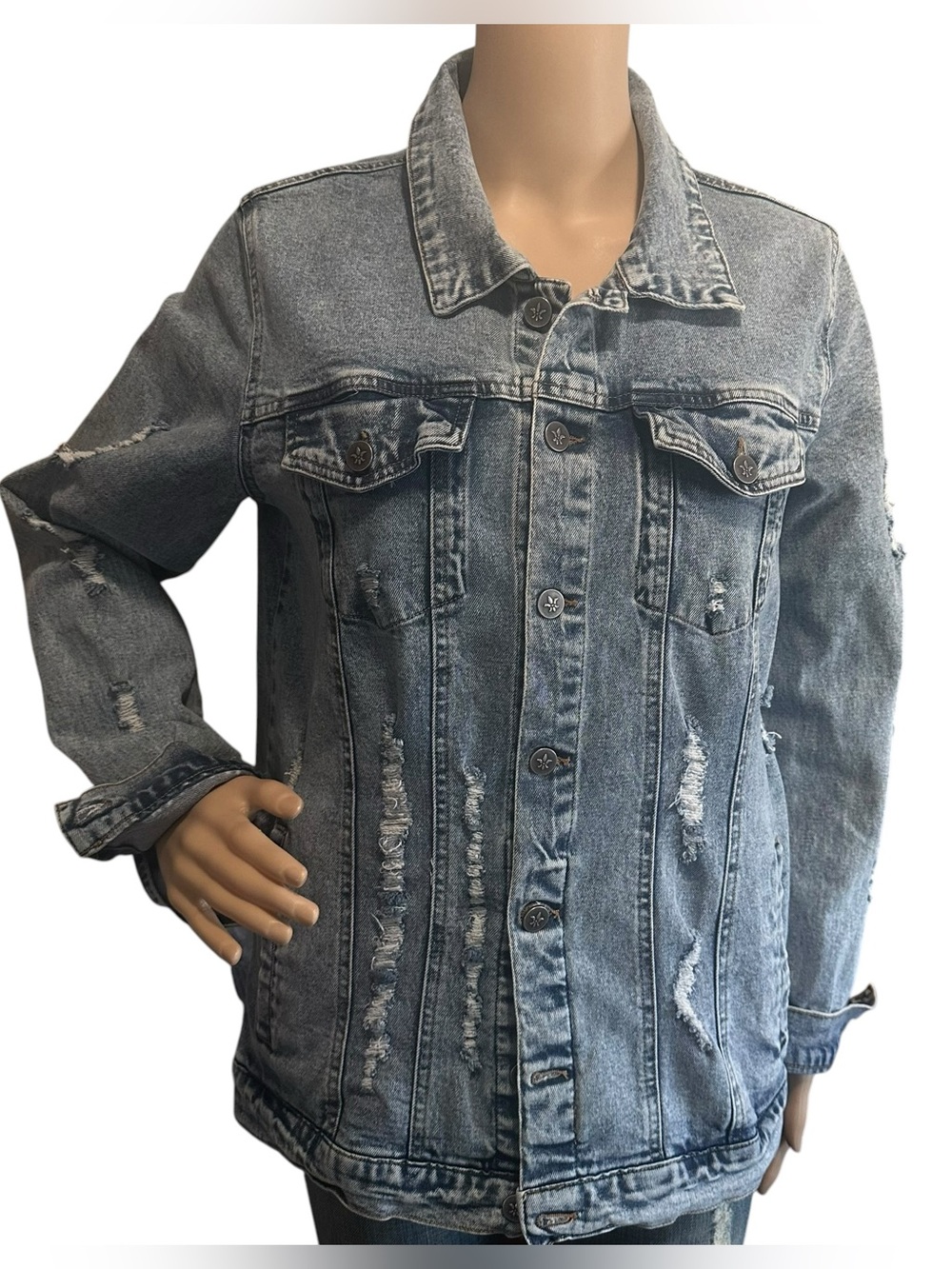 Lily & Lottie Denim Jean jacket distressed light blue Sz Lg